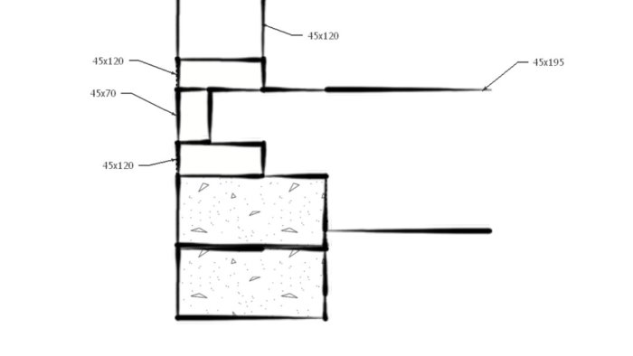 Skiss av golvbjälklag och grundkonstruktion med måttangivelser för renoveringsprojekt.