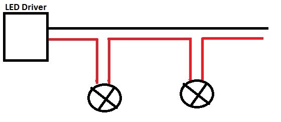 Schematisk bild av seriekoppling för LED-belysning med LED-driver och tre lampor.