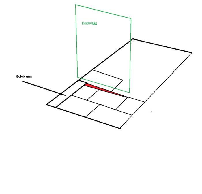 Skiss av ett badrumsgolv med centralt placerad golvbrunn, stora kakelplattor och en duschvägg.