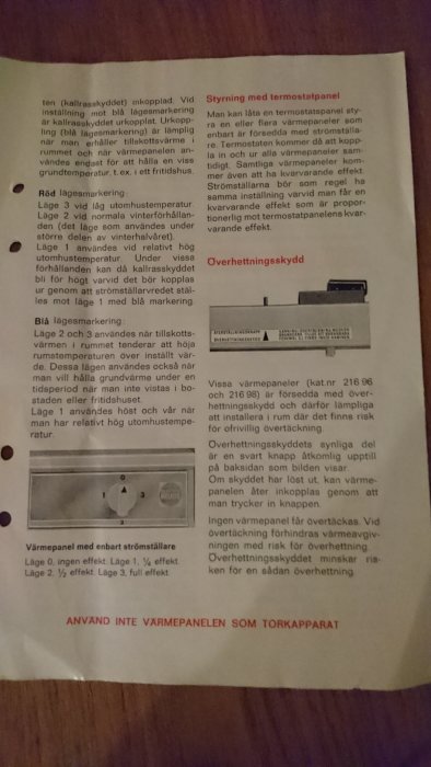 Bruksanvisning för värmepanel med termostat och överhettningsskydd inklusive text och inställningsdiagram.