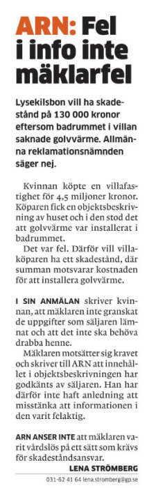 Artikelurklipp om ARN-beslut där mäklare frias från ansvar för att förmedla korrekta uppgifter från säljare.