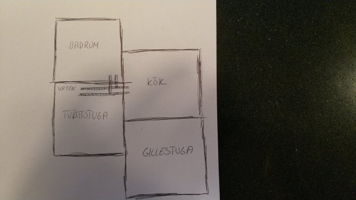 Handritad skiss över en husplan med badrum, kök, tvättstuga och gillestuga utmärkta.