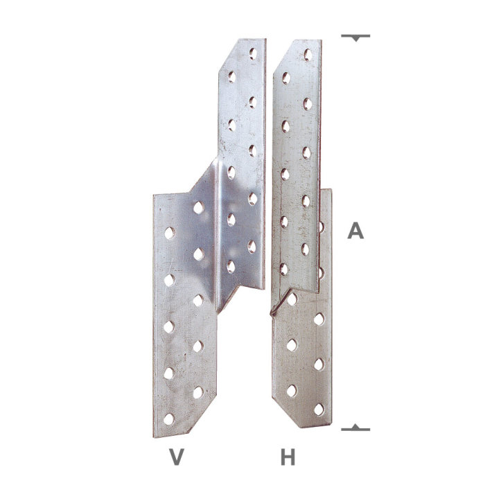 Förskjutna metallvinklar med många hål, markerade med bokstäverna V och H för att illustrera deras orientering.