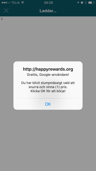 Skärmdump av mobiltelefon som visar en popup-meddelandead annons från happyrewards.org.