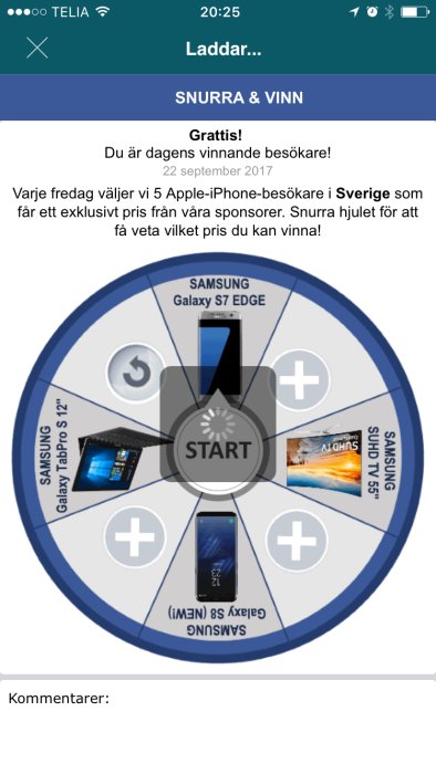 Reklampopup för lyckohjul med text "Snurra & Vinn", produkter från Samsung och texten "Grattis!" på en smartphone-skärm.