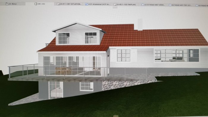 3D-visualisering av tvådelat hus med inbyggd altan och röd takkupa samt olika stilar på fönster.