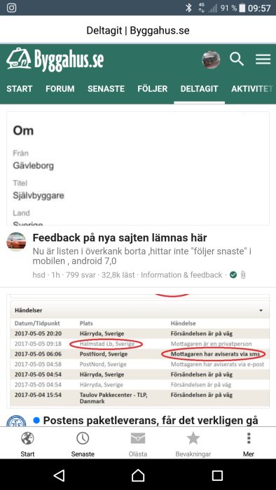 Skärmdump av ett foruminlägg på bygghus.se med feedback på hemsidan och spårning av paketleverans.