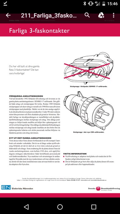 Skärmdump av dokument om farliga 3-faskontakter med röd överstrykning samt illustrationer av stickproppar.