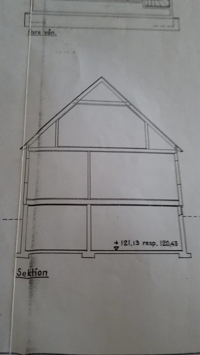 Ritning av en hussektion visar byggdetaljer för en vind med reglar, plank och isolering.