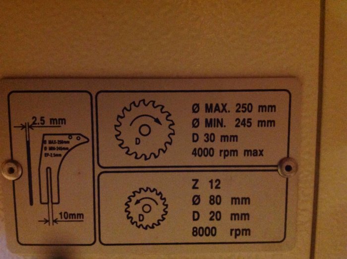 Informationstavla med tekniska specifikationer för sågblad, inklusive max- och minstorlek samt rotationshastighet.