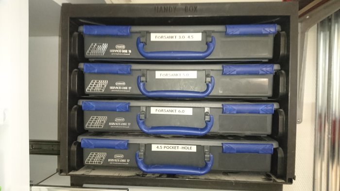 Raaco lådor i en HandyBox på utdragbara hyllplan, märkta med olika storlekar på förvarade objekt.