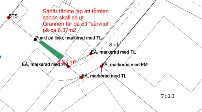 Fastighetskarta som visar planerad tomtindelning med markeringar för en servitut på ungefär 6.37 m².