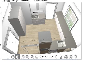 3D-skiss av ett kök med möblering i ett planeringsverktyg, inklusive öppningar och fönster.