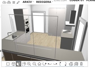 3D-skiss av ett kök med öppningar och fönster från Ikeas planeringsverktyg.