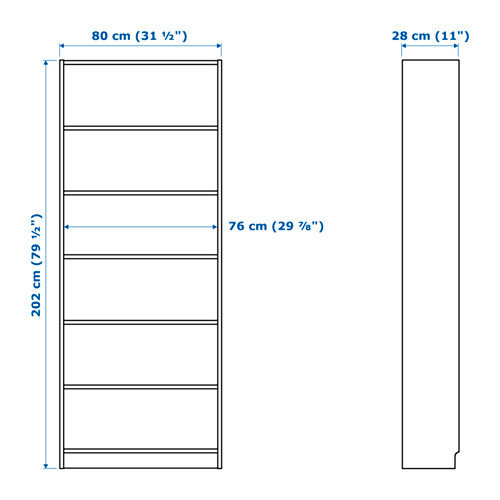 Schematisk ritning av en IKEA Billy bokhylla med måttangivelser.