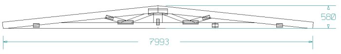 Ritning av ett påbyggnadstak med måttangivelser, visar takstolar och ventilation för ett atriumhus.