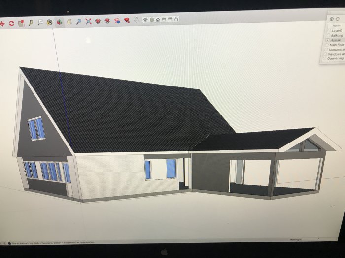 Skiss i Sketchup av hus med tak och angränsande uterum på en datorskärm.