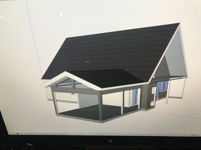 Sketchup-ritning av hus med tänkt uterum visad på en datorskärm.