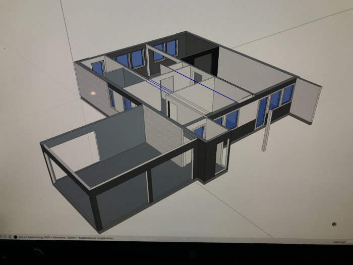 3D-Sketchupmodell av ett hus och uterum under planering.