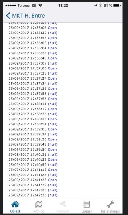 Skärmdump av en logglistning från en sensor med statusar som "Open" och "(null)" samt tidsstämplar.