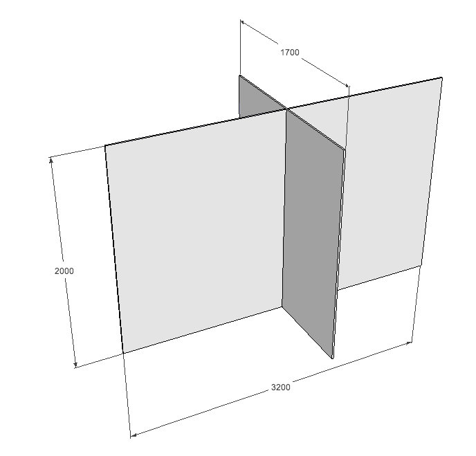Skiss av skärmväggar i MDF med mått 1700mm bred och 2000mm hög.