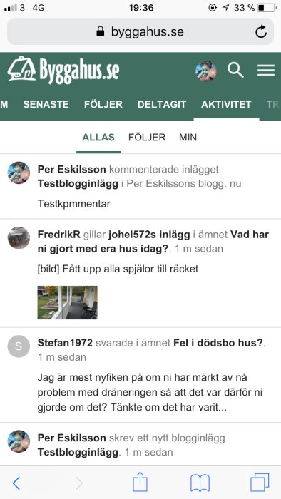Skärmdump från diskussionsforum visar inlägg och kommentarer under fliken "Aktivitet" på byggahus.se.