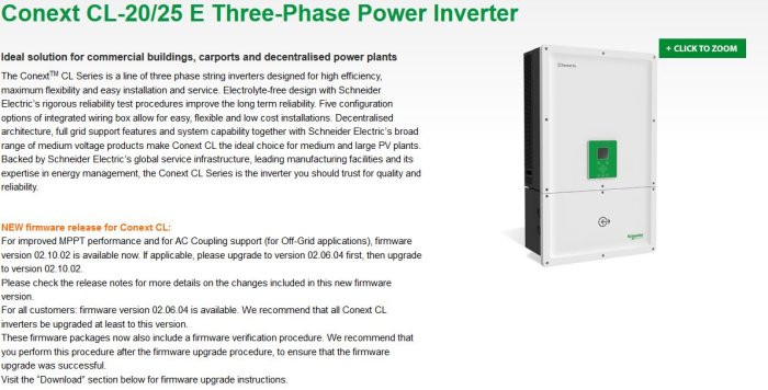 Bild på en Schneider Conext CL-20/25 E trefas växelriktare för solpaneler, med information om produktfunktioner och firmwareuppdatering.