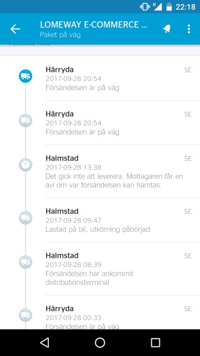 Skärmdump från en paketspårningsapp som visar uppdateringar om ett pakets leveransstatus.