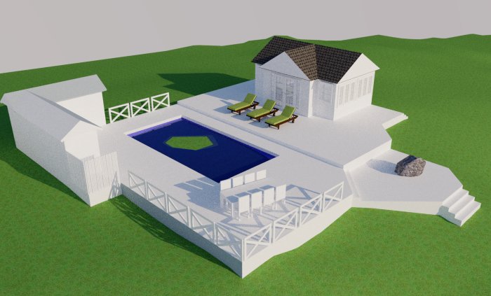 3D-rendering av ett lusthus med pool och trädäck inklusive planerade förvaringsbodar.