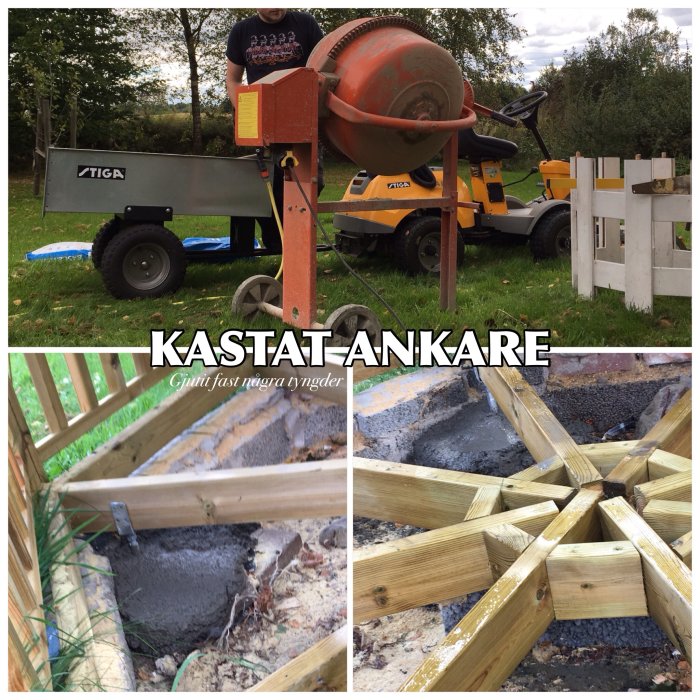 Kollage av byggprocessen för lusthus med betongblandare, gjutna betongklumpar och fundament samt åttakantigt trägolv under konstruktion.
