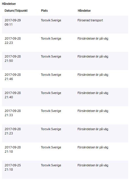 Skärmdump av leveransspårning med upprepade scanningshändelser på samma plats och tidpunkter.