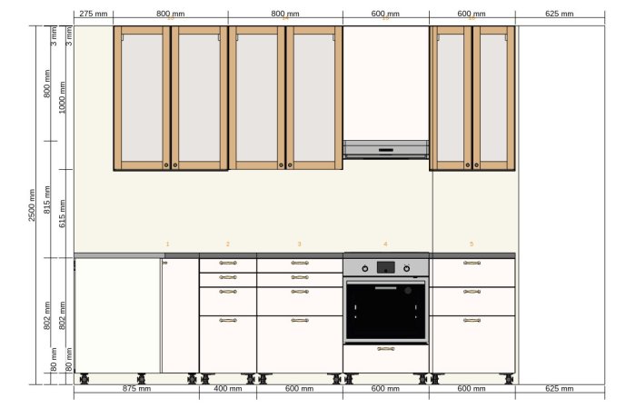 Ritad layout på ett kök med skåp, diskbänk, diskmaskin och spis placerad enligt beskrivna mått och förutsättningar.