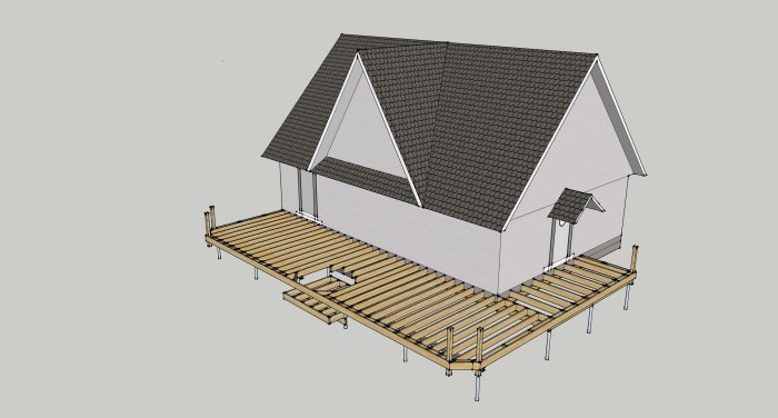 3D-ritning av hus med tillhörande pålad altan, visar bärlina och bjälklag enligt specifikation.