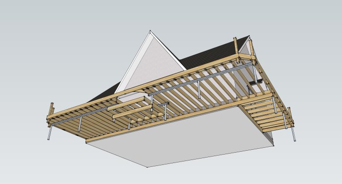 3D-ritning av ett byggprojekt med pålar, bjälklag i C24-trä och HEA-balkalternativ.