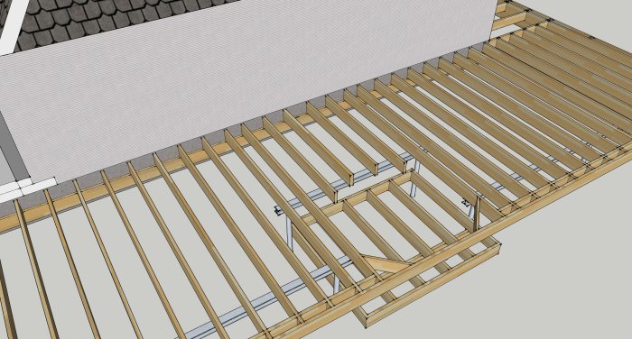 3D-modell av en träkonstruktion med bjälklag bestående av pålar, bärbalkar och tvärbjälkar.