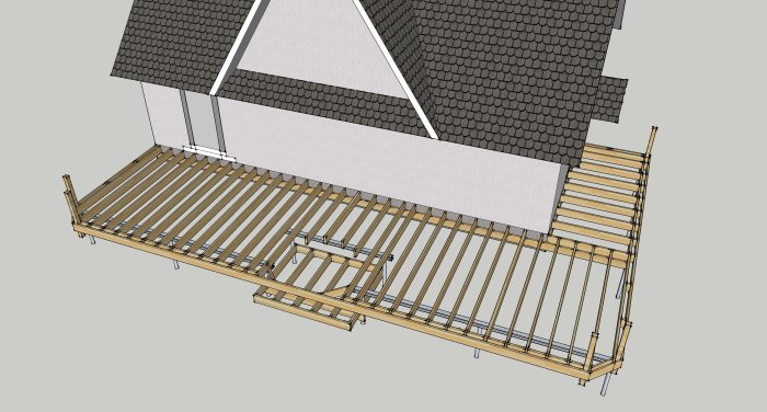 3D-ritning av ett bjälklag med 11 stödpålar och en HEA-balk, under en husdel med svart tak.