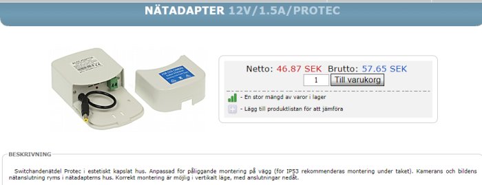 IP44 klassad nätadapter 12V/1.5A till utomhusbruk för ip-kamera, visad med teknisk beskrivning.