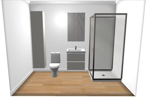 3D-rendering av ett badrum med wc i centrum, handfat till vänster och duschhörna till höger.