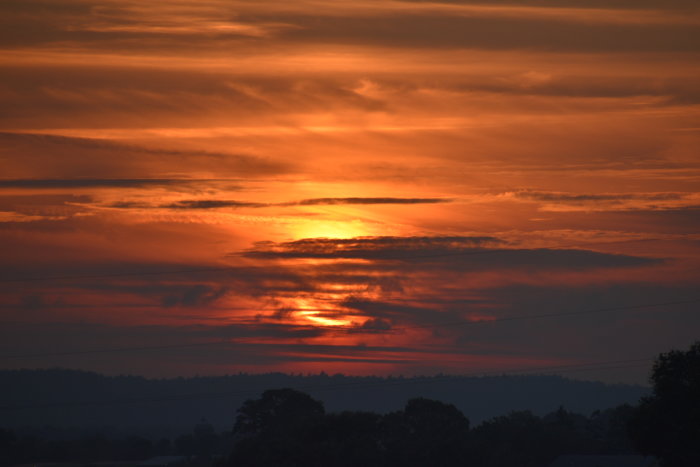 Dramatisk solnedgång med orange och röda nyanser över silhuetten av träd och landskap.
