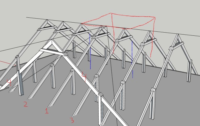 3D-ritning av takstolar i ett hus, numrerade för planering av ombyggnad och inredning.