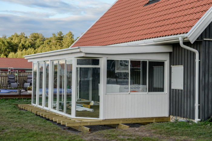 Nybyggd uterumstillbyggnad vid en enplansvilla med takutsprång och låg höjd.