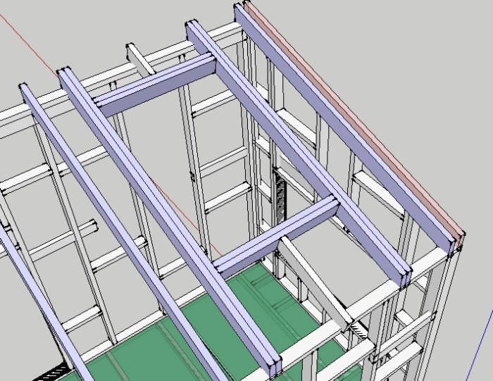 3D-modell av en trähusstomme med takbjälkar och planerad placering för ett stort takfönster.