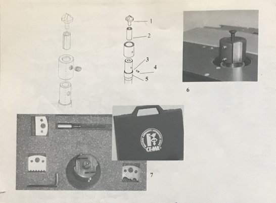 Handbokssida som visar en fräsmaskins delar och tillbehör, inklusive en detaljerad demontering av en komponent och en bärväska.