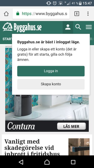 Skärmdump av forumtråd på byggahus.se med inloggningsuppmaning och artikel om skadegörelse.