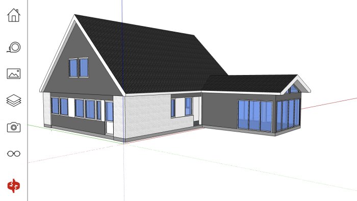 Digital ritning av ett hus med ett integrerat uterum i 3D-designprogram.