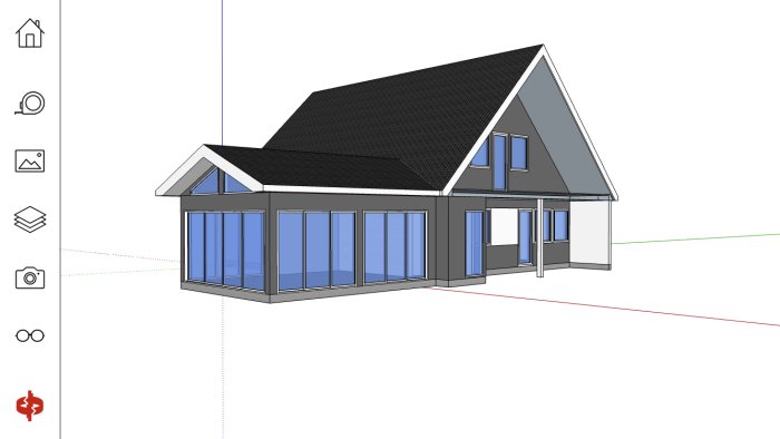 Skiss av hus med uterum i 3D-program, visar stora fönster och anslutning till huvudbyggnaden.