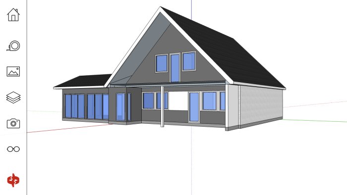 3D-ritning av ett hus med utbyggnad för planerat uterum, i ett designprogram.