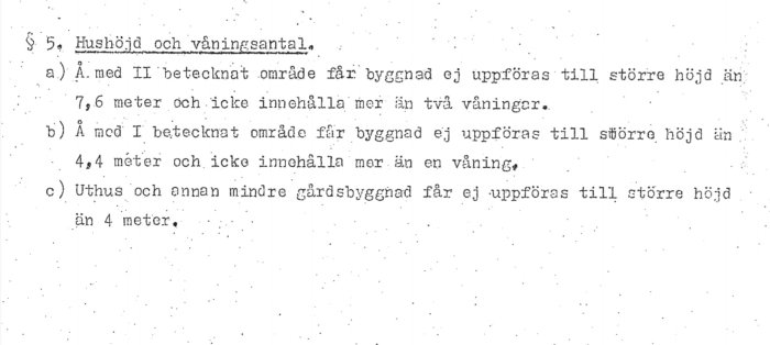 En svartvit skannad text från en detaljplan med regler för byggnadshöjder och antalet våningar från 1959.