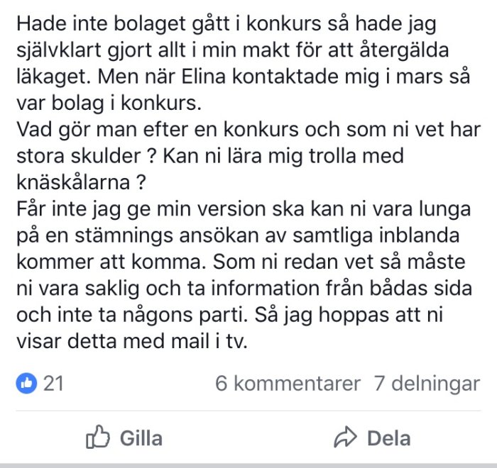 Skärmdump av ett Facebook-inlägg där en person diskuterar konkurser och ber om hjälp med att "trolla med knäskålarna".