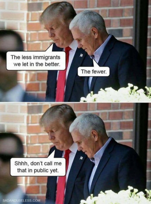 Serietidningsstil med pratbubblor över två kostymklädda män. Text i bubblor diskuterar antalet immigranter.